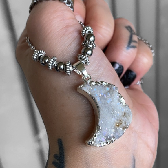 Iridescent Druzy crystal quartz crecent moon steel chain necklace boho stones - Picture 8 of 11